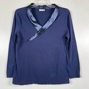 Temperley London Wrap Top Womens Medium Satin Collar Neckline Blue Long Sleeves